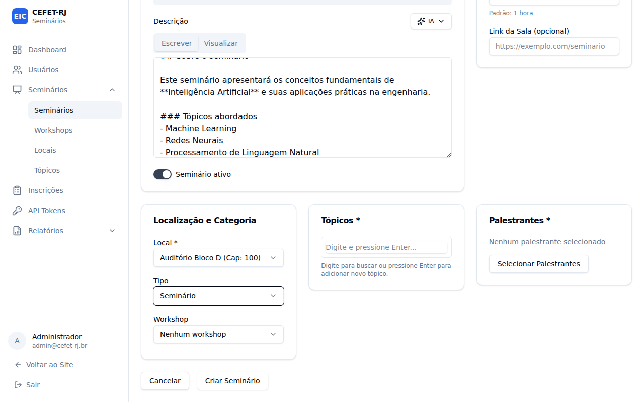 Selecionar o tipo de seminário