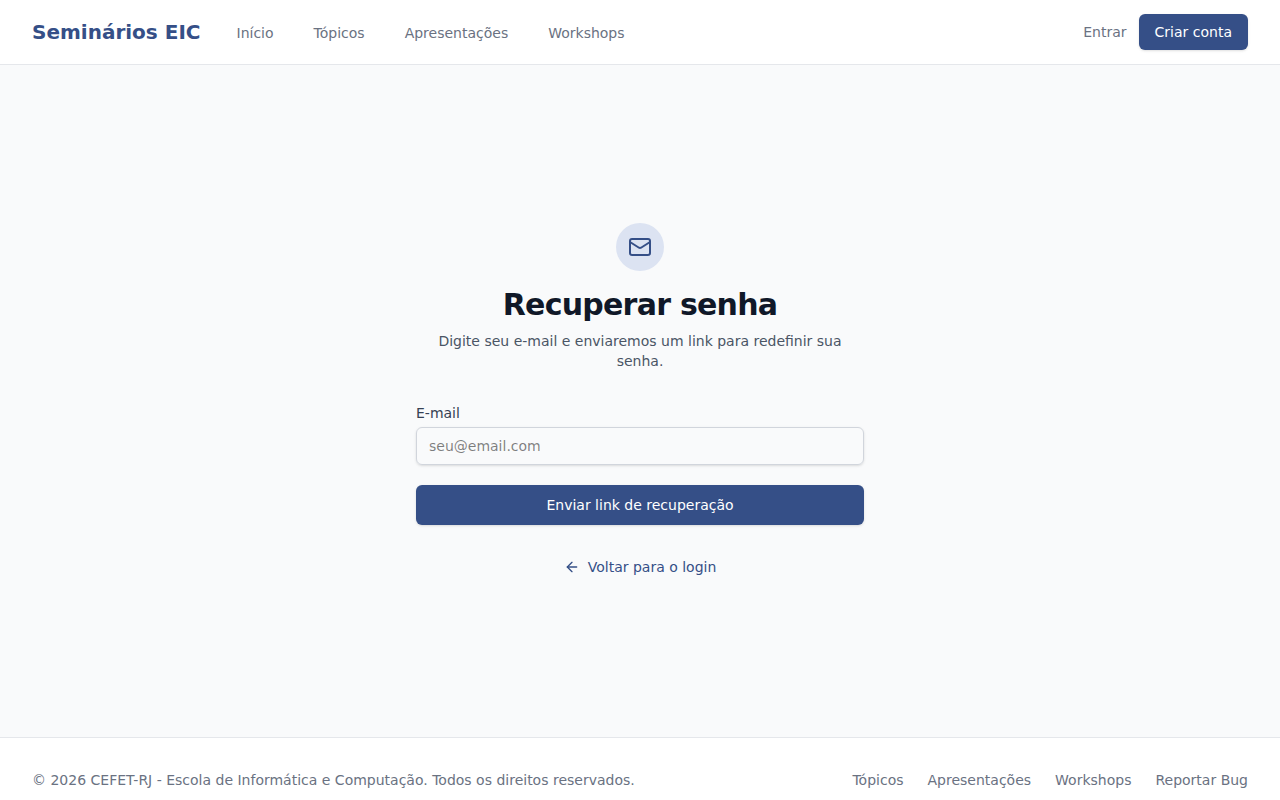 Página de recuperação de senha